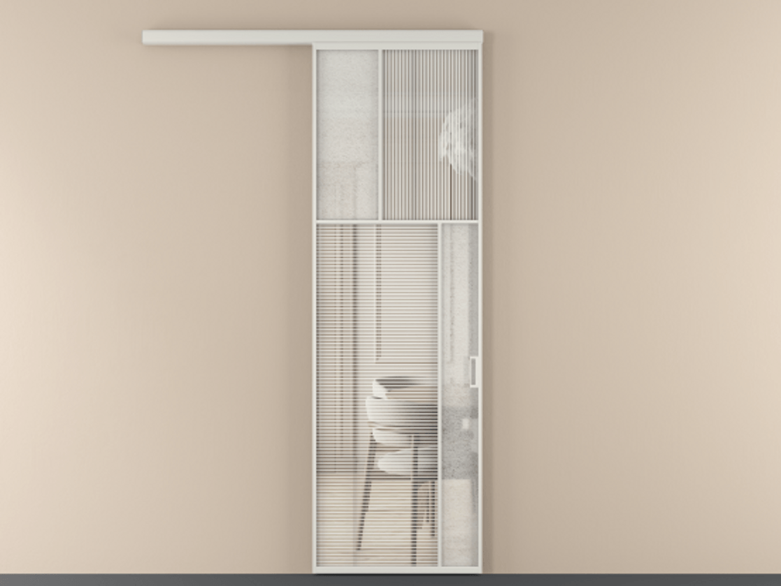 Перегородка Mosaic вдоль стены 1 створка АЛПР 041.23 Алюминий Белый Рифлёное стекло "Дюна", триплекс, 6 мм + Фактурное стекло "Лёд", триплекс Цена 7270 AZE | Volhovec