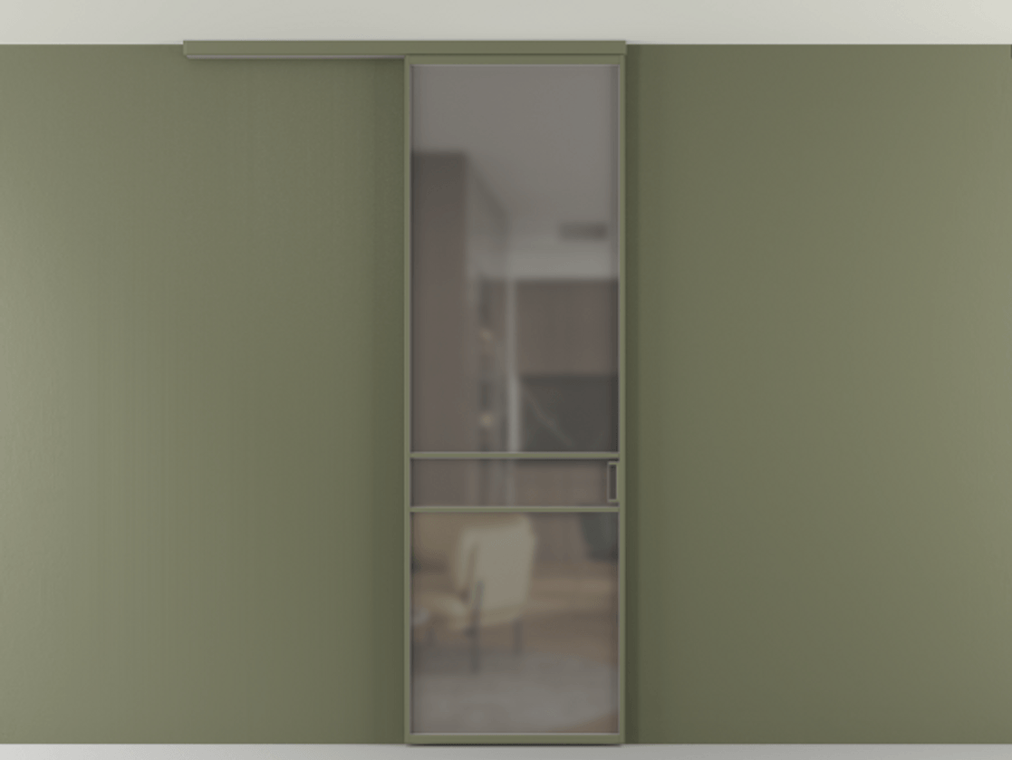 Перегородка Формато вдоль стены на потолок 1 створка АЛПР 040.02 Алюминий оливковый тёмный Сатинированное серое стекло, триплекс Цена 5050 AZE | Volhovec