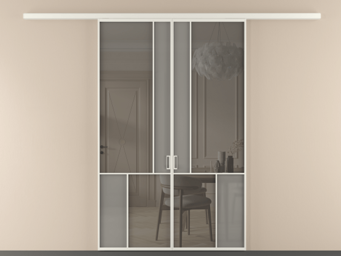 Перегородка Mosaic вдоль стены двустворчатая АЛПР 041.20 Алюминий Белый Сатинированное серое стекло, триплекс, 6 мм + Прозрачное серое стекло, триплекс Цена 12490 AZE | Volhovec