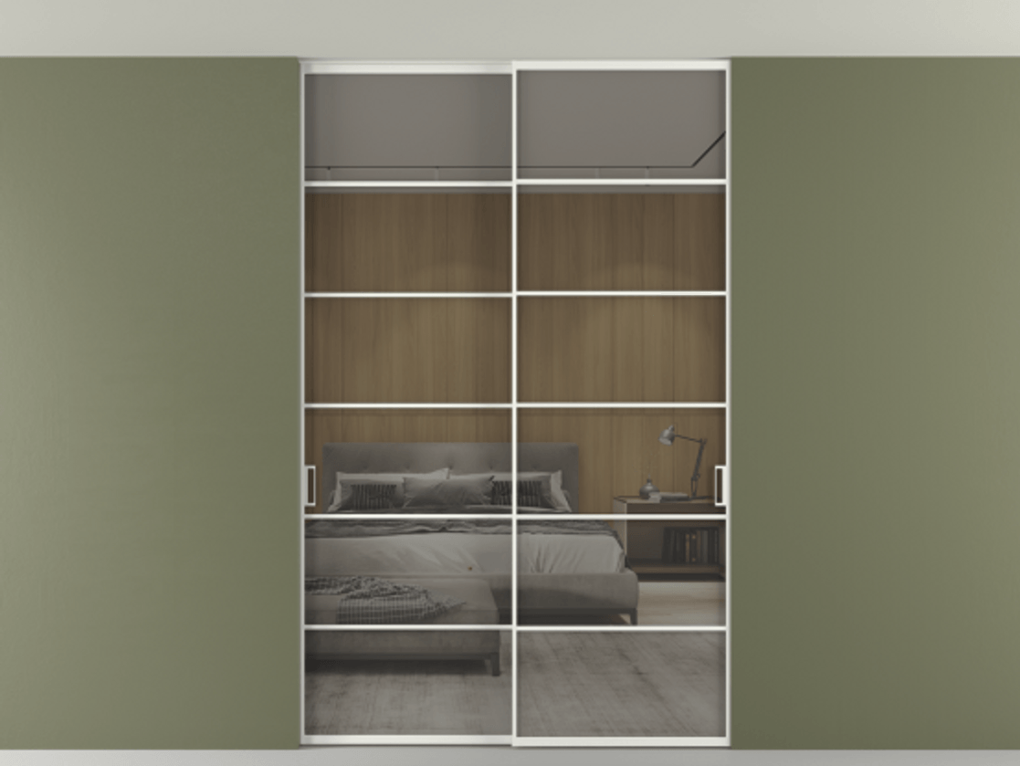 Перегородка Формато внутри проёма скрытое крепление в потолок 2 створки АЛПР 040.04 Алюминий светло-серый Рефлективное серое стекло "Стопсол", калёное Цена 16820 AZE | Volhovec