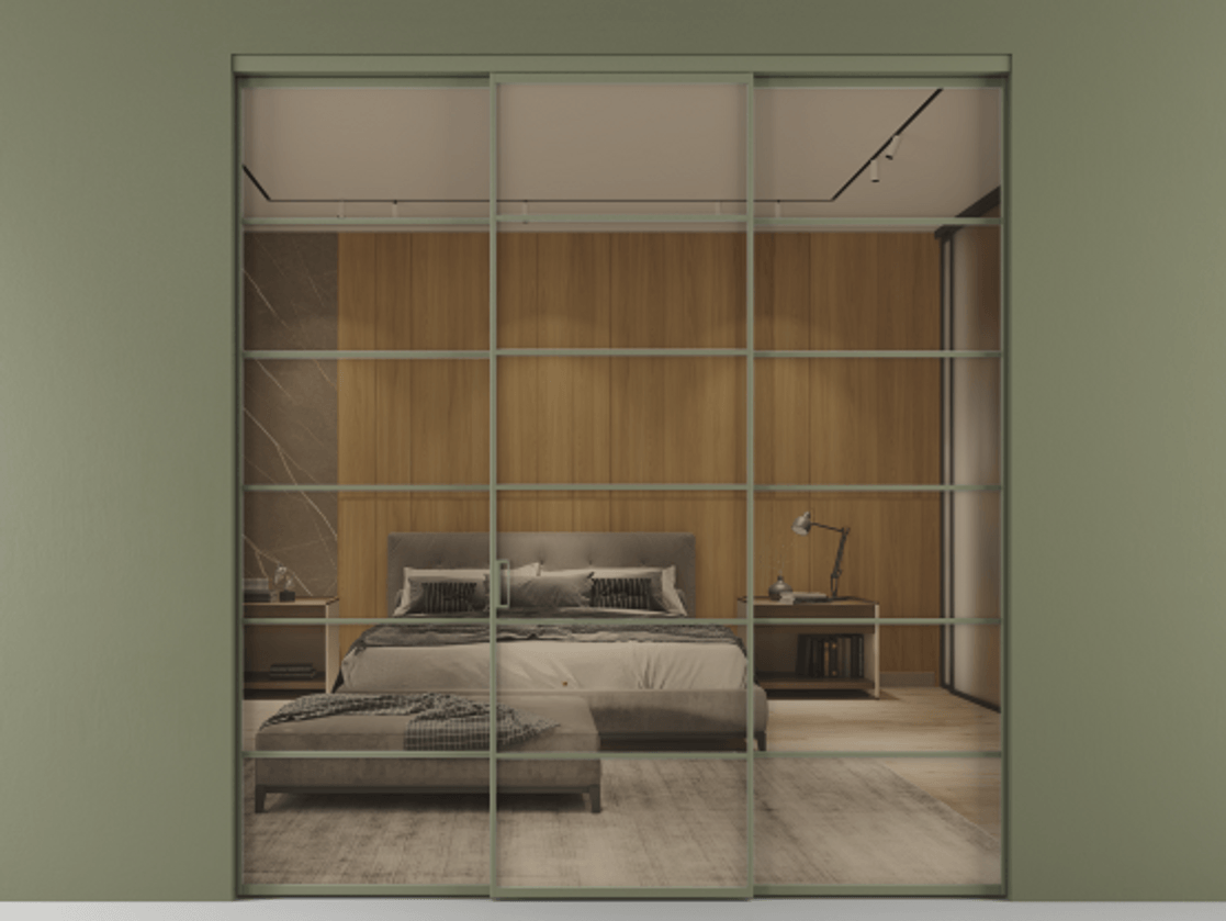 Перегородка Формато внутри проёма 3 створки АЛПР 040.04 Алюминий оливковый тёмный Рефлективное бронзовое стекло "Стопсол", калёное Цена 17770 AZE | Volhovec