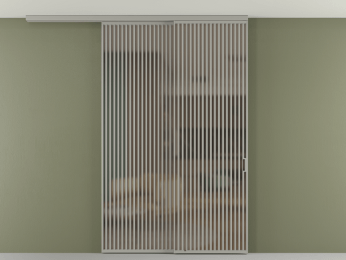 Перегородка Формато вдоль стены на потолок 2 створки с синхронным механизмом АЛПР 040.06 Алюминий нейтральный серый Сатинированное бронзовое стекло, триплекс Цена 23480 AZE | Volhovec