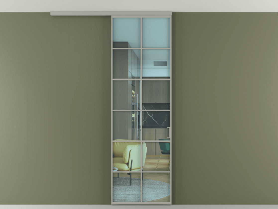 Перегородка Формато вдоль стены на потолок 1 створка АЛПР 040.05 Алюминий нейтральный серый Прозрачное голубое стекло, триплекс Цена 5400 AZE | Volhovec