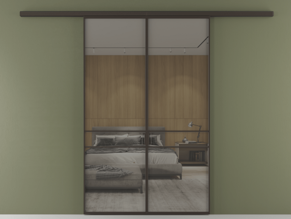 Перегородка Formato вдоль стены 2 створки АЛПР 040.02 Алюминий антрацит Рефлективное серое стекло "Stopsol", калёное Цена 12980 AZE | Volhovec