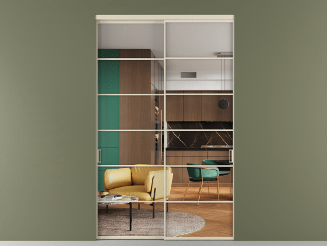 Перегородка Формато внутри проёма 2 створки АЛПР 040.04 Алюминий бежево-серый Прозрачное стекло "Кристал Вижн", калёное Цена 25740 AZE  | Volhovec