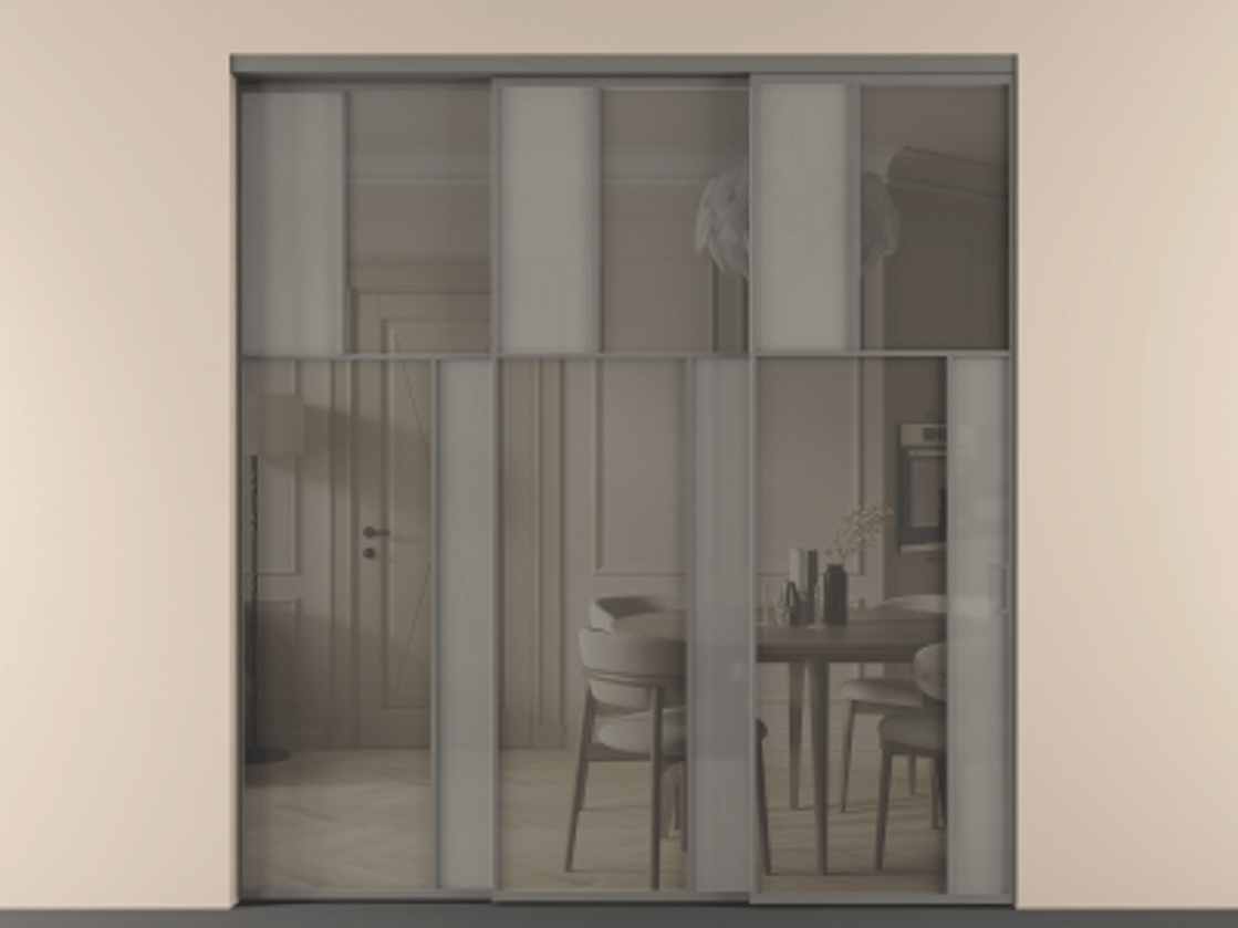 Перегородка Мозаик внутри проёма 3 створки с синхронным механизмом АЛПР 041.23 Алюминий классический серый Сатинированное серое стекло, триплекс, 6 мм + Прозрачное серое стекло, триплекс Цена 22800 AZE | Volhovec