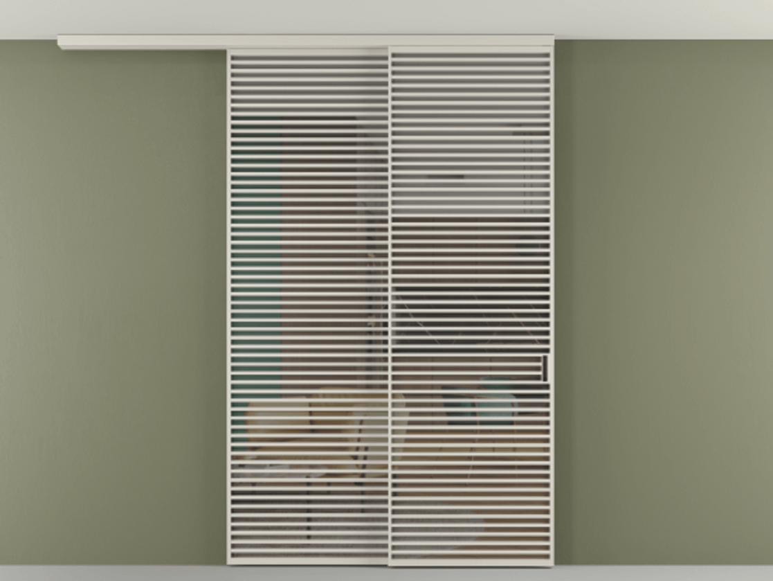 Перегородка Формато вдоль стены на потолок 2 створки с синхронным механизмом АЛПР 040.07 Алюминий облачно-серый Прозрачное серое стекло, триплекс Цена 23480 AZE | Volhovec