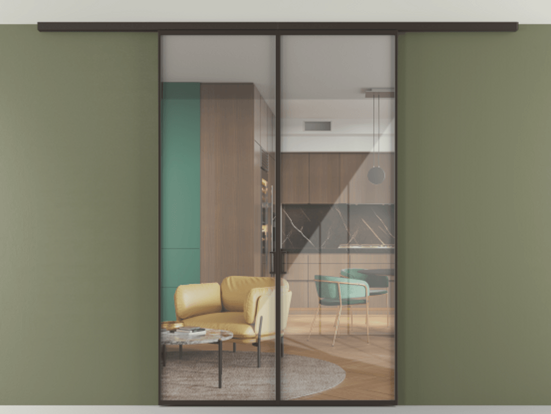 Перегородка Формато вдоль стены на потолок 2 створки АЛПР 040.01 Алюминий антрацит Рефлективное прозрачное стекло "Стопсол", калёное Цена 10330 AZE | Volhovec