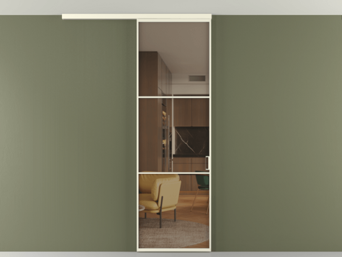 Перегородка Формато вдоль стены на потолок 1 створка АЛПР 040.03 Алюминий молочно-белый Прозрачное бронзовое стекло, триплекс Цена 5260 AZE | Volhovec