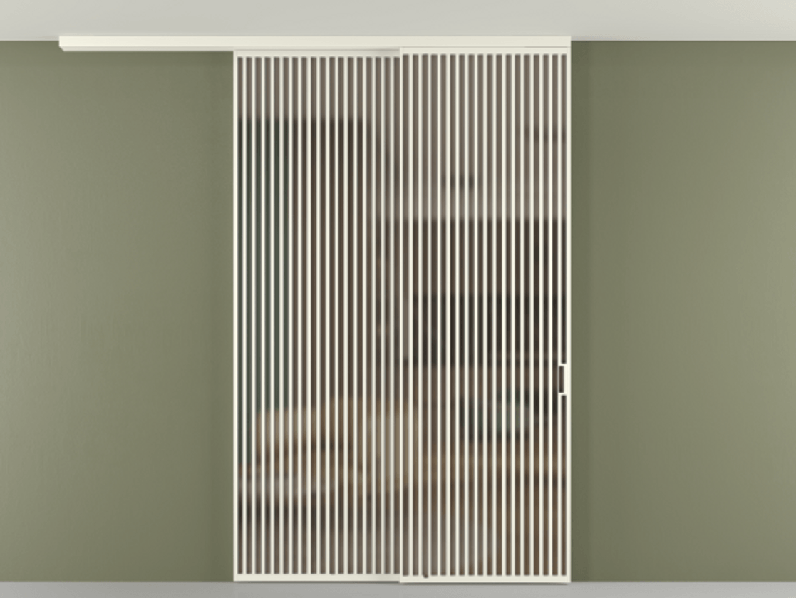 Перегородка Формато вдоль стены на потолок 2 створки с синхронным механизмом АЛПР 040.06 Алюминий жемчужный Сатинированное бронзовое стекло, триплекс Цена 23480 AZE | Volhovec