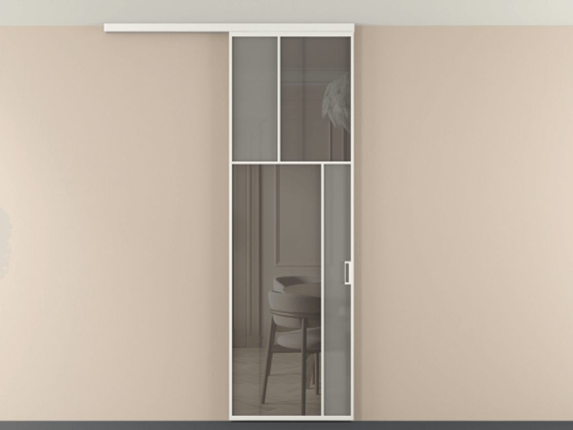 Перегородка Мозаик вдоль стены на потолок 1 створка АЛПР 041.23 Алюминий светло-серый Сатинированное серое стекло, триплекс, 6 мм + Прозрачное серое стекло, триплекс Цена 7040 AZE | Volhovec