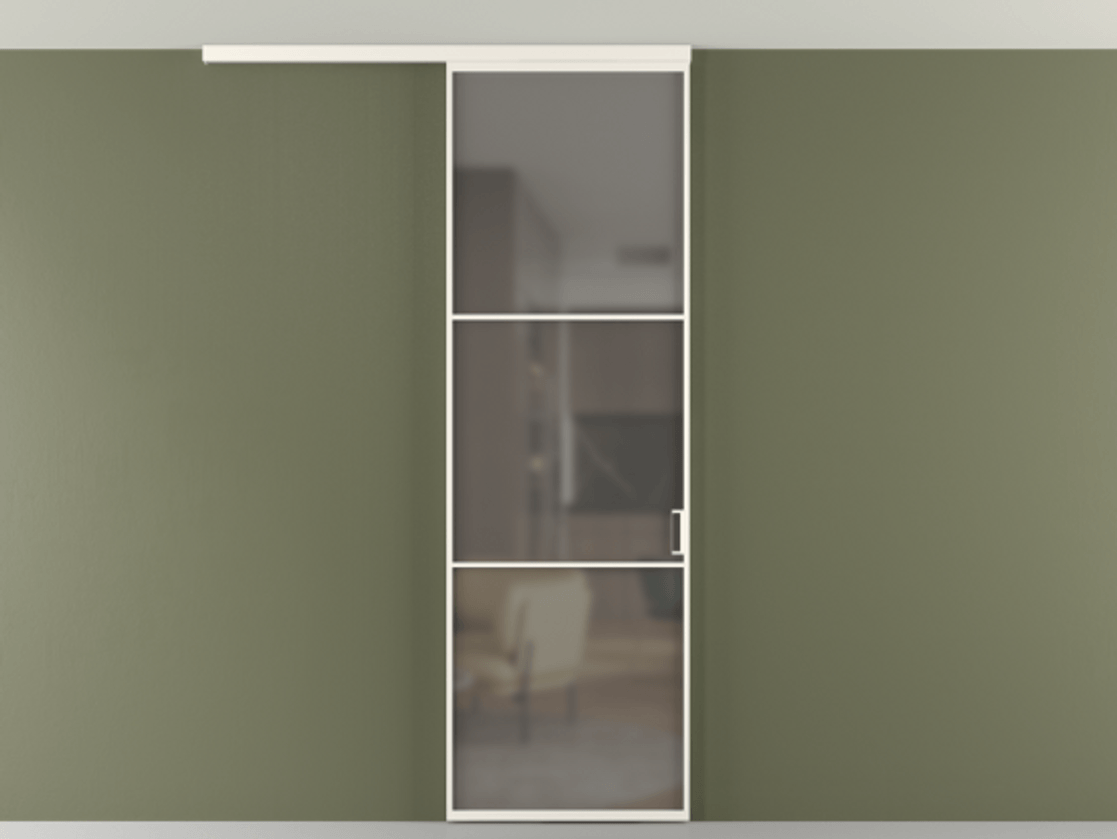 Перегородка Формато вдоль стены на потолок 1 створка АЛПР 040.03 Алюминий пудровый белый Сатинированное серое стекло, триплекс Цена 5050 AZE | Volhovec