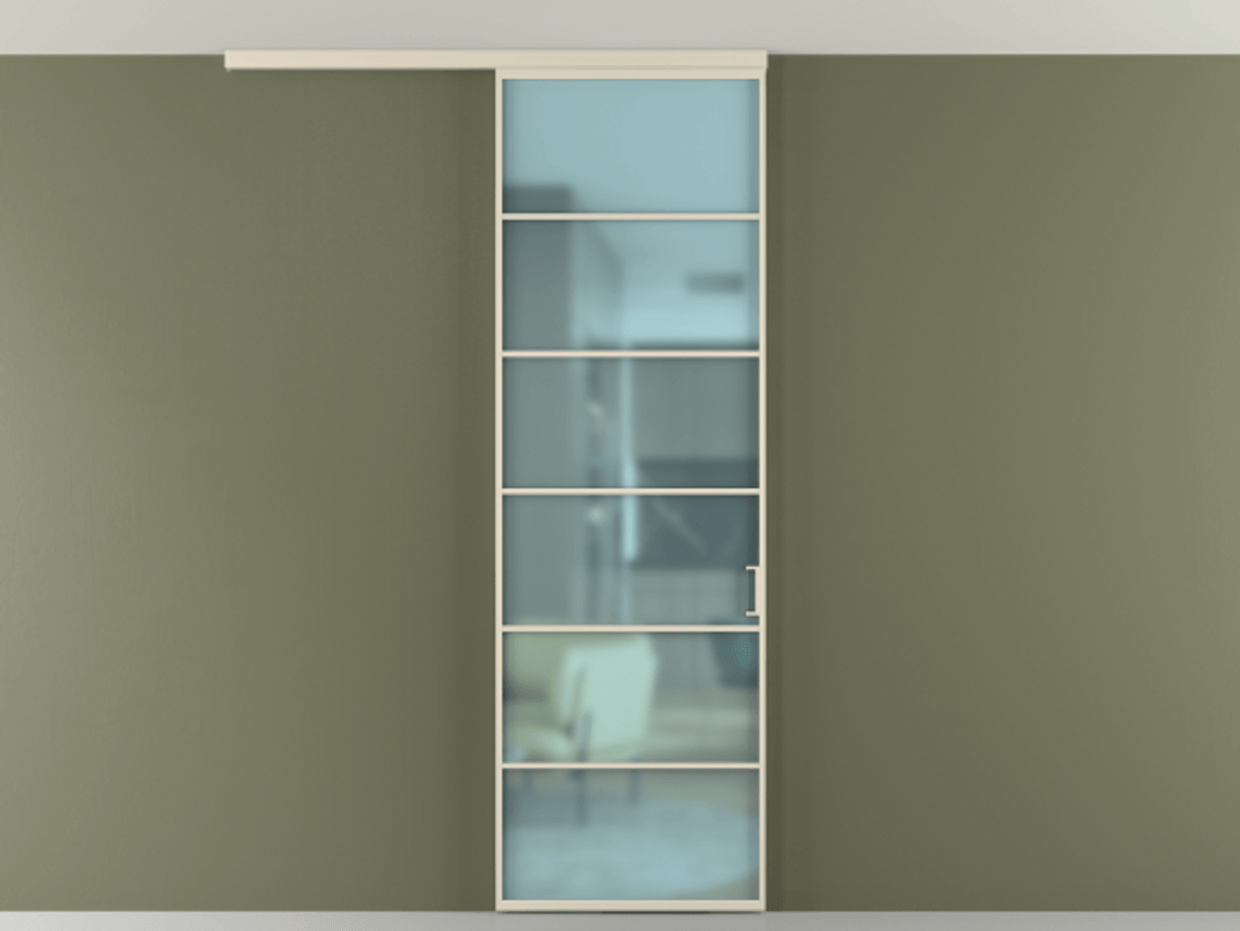 Перегородка Формато вдоль стены на потолок 1 створка АЛПР 040.04 Алюминий бежево-серый Сатинированное голубое стекло, триплекс Цена 5400 AZE | Volhovec