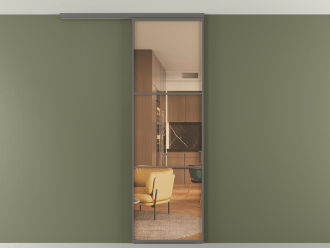 Перегородка Формато вдоль стены на потолок 1 створка АЛПР 040.03 Алюминий классический серый Прозрачное оранжевое стекло, триплекс Цена 5000 AZE | Volhovec