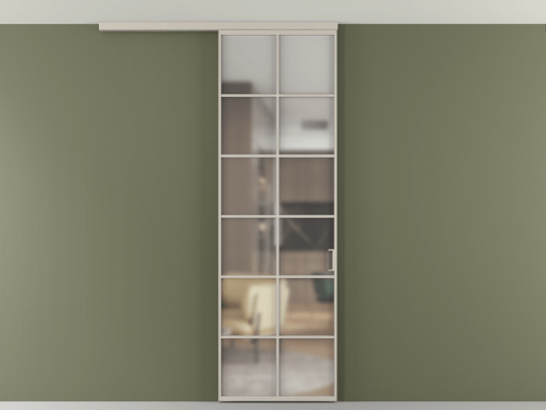 Перегородка Формато вдоль стены на потолок 1 створка АЛПР 040.05 Алюминий светло-бежевый Сатинированное стекло "Мателюкс Кристал Вижн", калёное, матовое, каленое 6 мм Цена 166351 сом | Volhovec