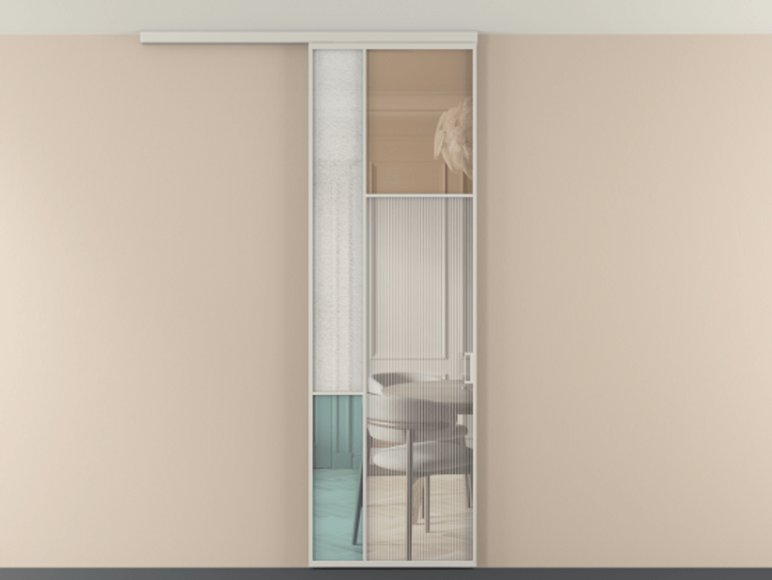 Перегородка Мозаик вдоль стены на потолок 1 створка АЛПР 041.11 Алюминий тёплый серый Комбинация стекол Группы 1 и Группы 3 Цена 7400 AZE | Volhovec