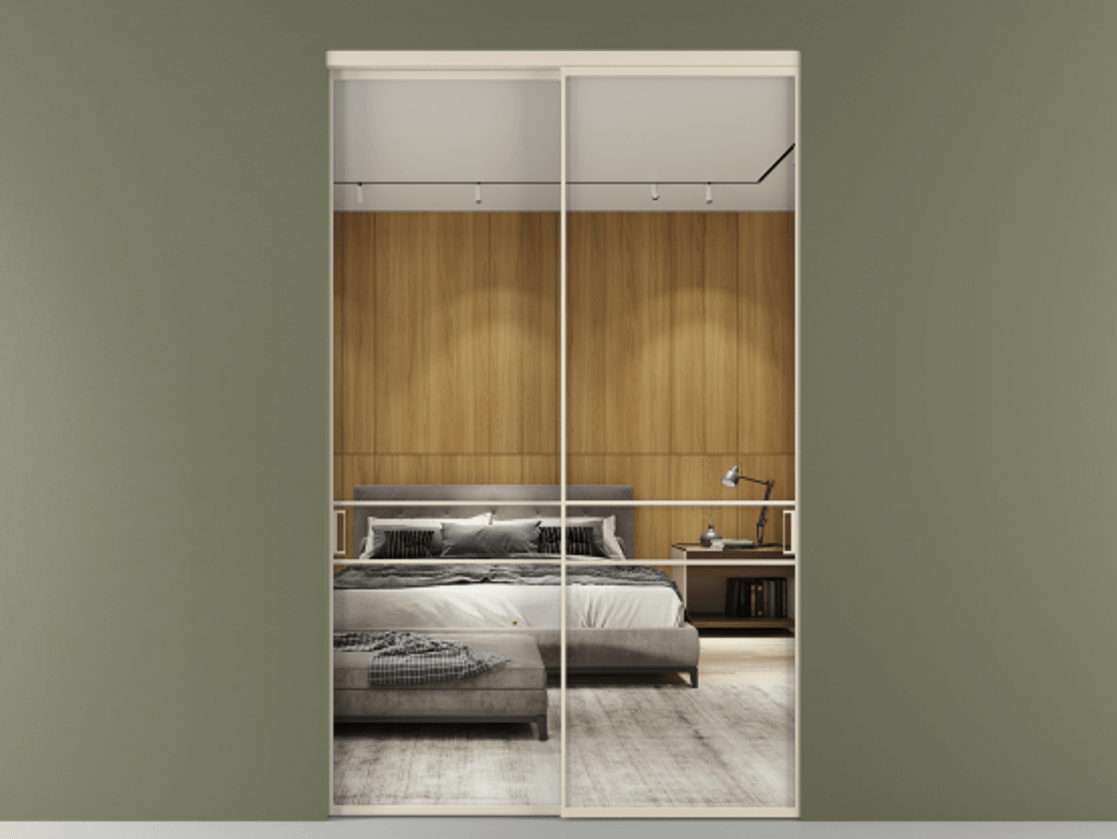 Перегородка Formato внутри проёма 2 створки АЛПР 040.02 Алюминий бежево-серый Двустороннее зеркало, триплекс , триплекс 6 мм Цена 24100 AZE  | Volhovec