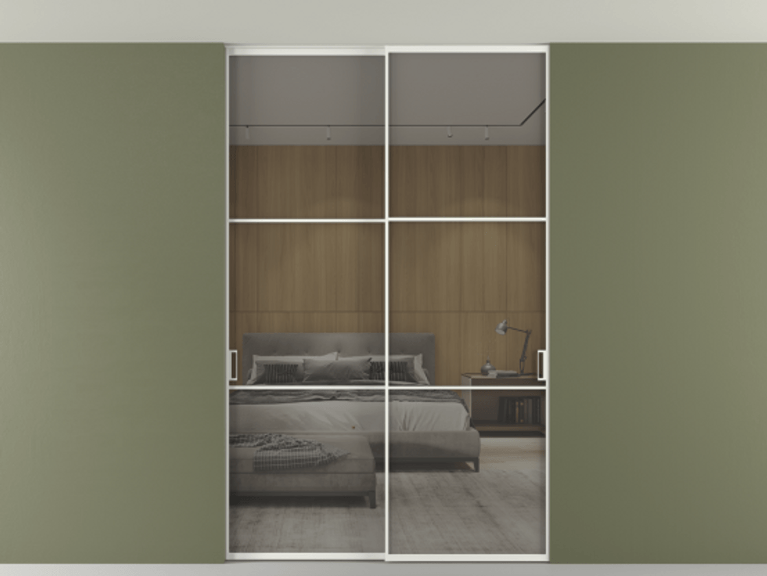 Перегородка Формато внутри проёма скрытое крепление в потолок 2 створки АЛПР 040.03 Алюминий светло-серый Рефлективное серое стекло "Стопсол", калёное Цена 15930 AZE | Volhovec