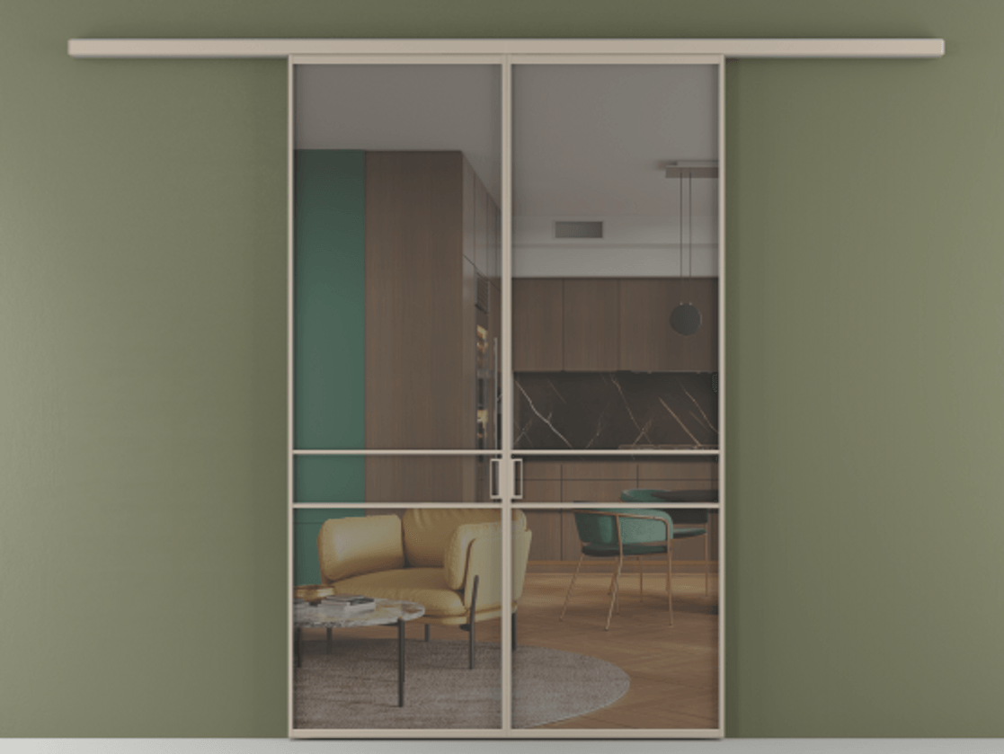 Перегородка Формато вдоль стены 2 створки АЛПР 040.02 Алюминий бисквитный Прозрачное серое стекло, триплекс Цена 10190 AZE | Volhovec