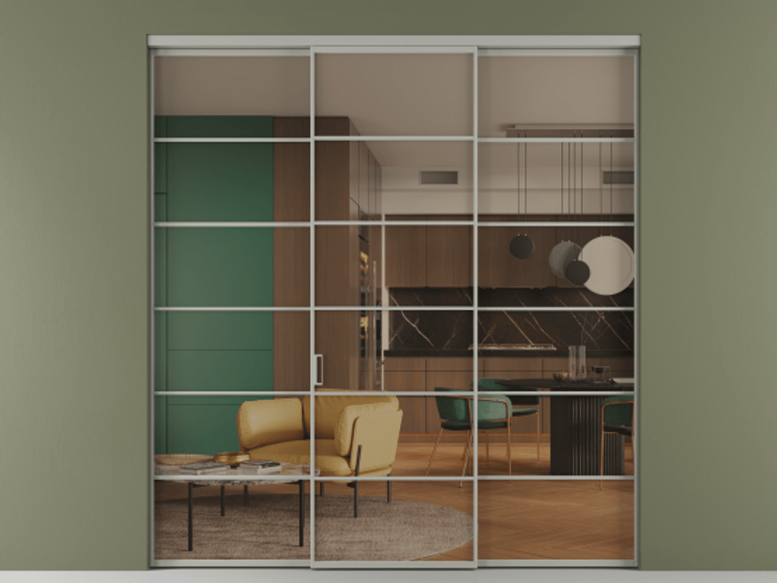 Перегородка Formato внутри проёма 3 створки АЛПР 040.04 Алюминий нейтральный серый Прозрачное бронзовое стекло, триплекс Цена 13280 AZE | Volhovec