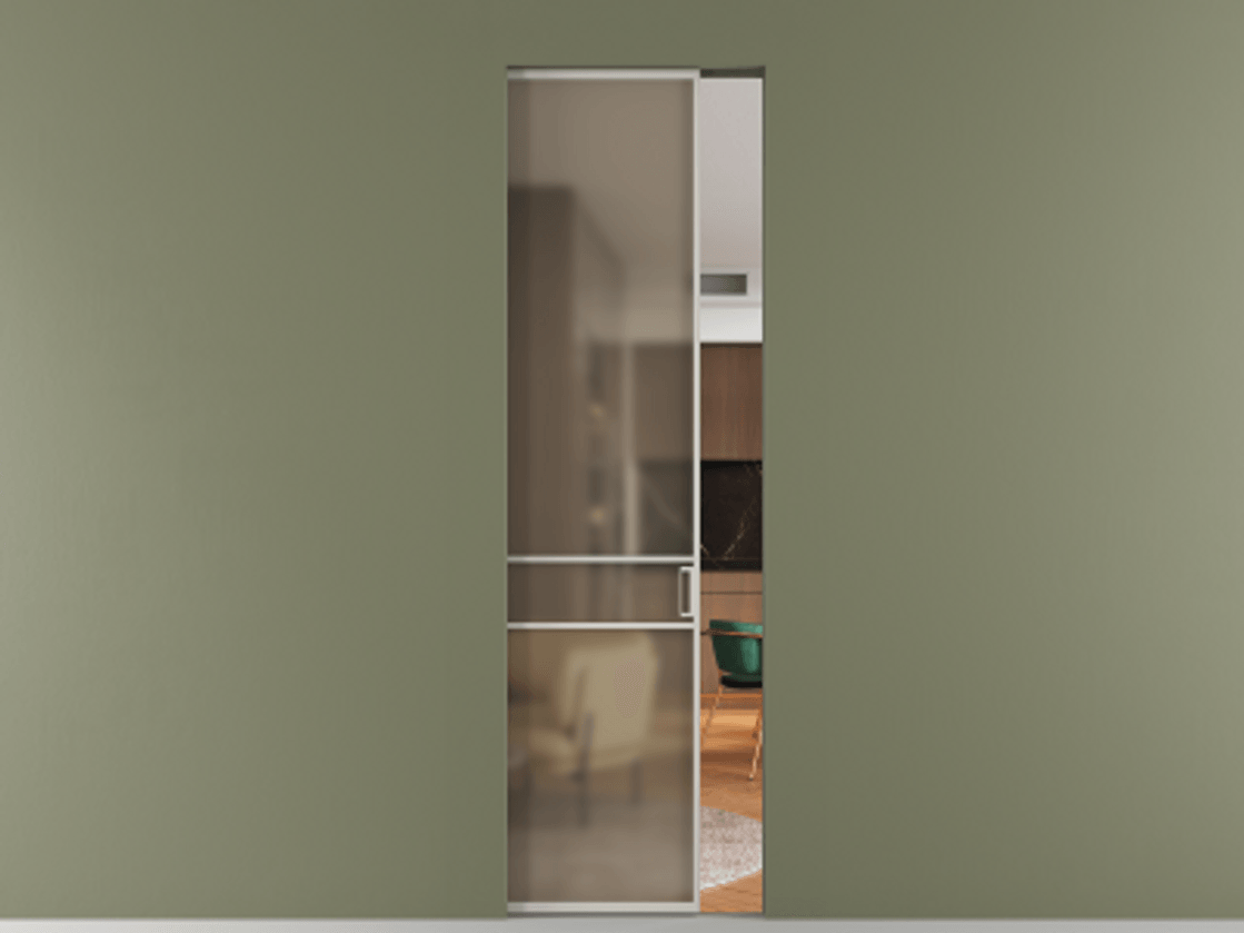 Перегородка Formato скрытый пенал 1 створка АЛПР 040.02 Алюминий тёплый серый Сатинированное бронзовое стекло, триплекс Цена 8100 AZE | Volhovec