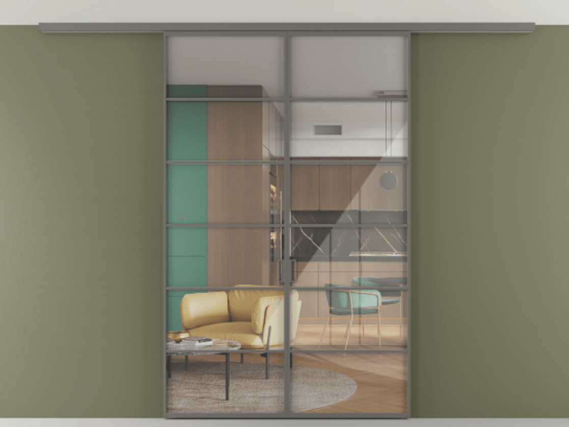 Перегородка Formato вдоль стены на потолок 2 створки АЛПР 040.04 Алюминий классический серый Рефлективное прозрачное стекло "Stopsol", калёное Цена 13610 AZE | Volhovec