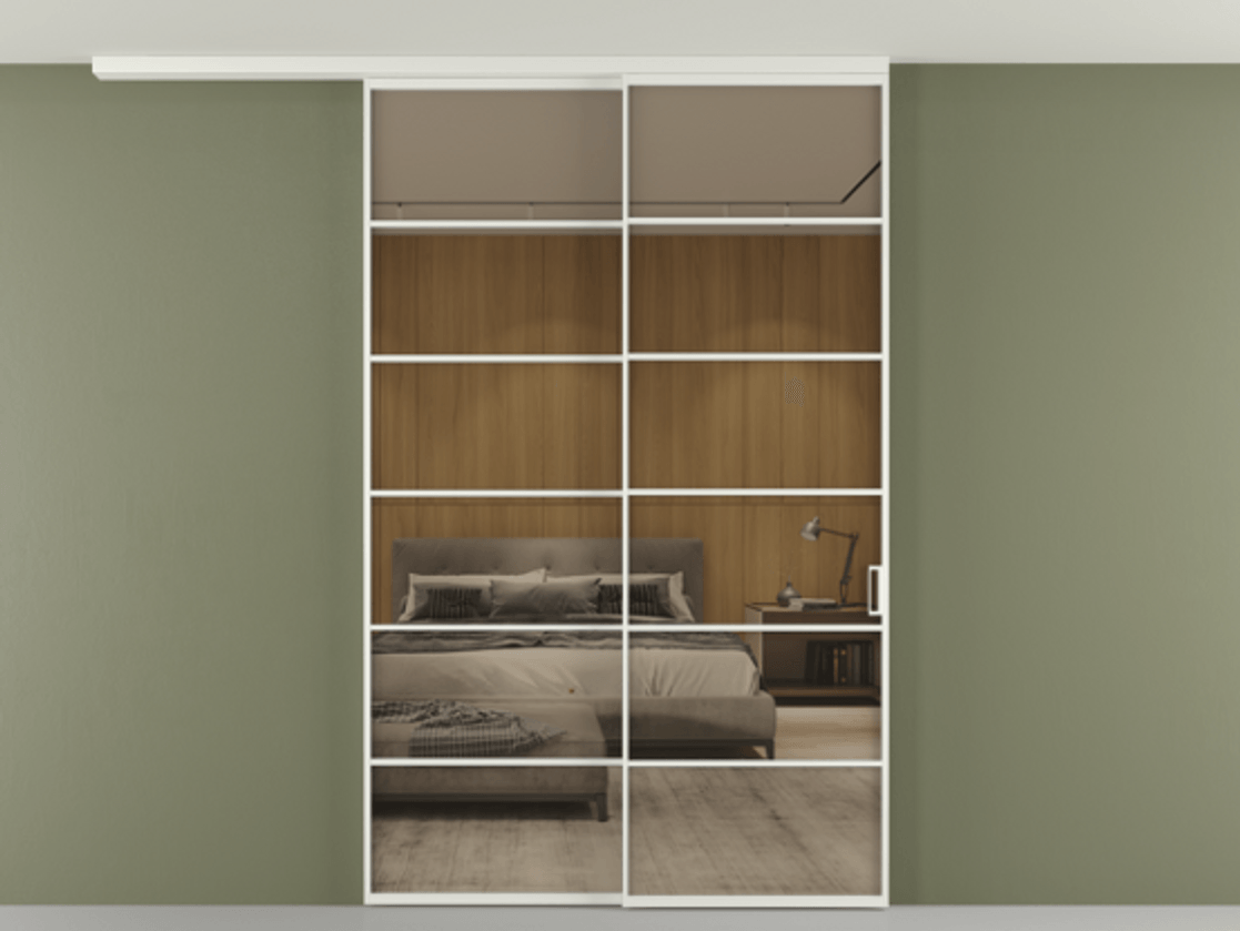 Перегородка Формато вдоль стены на потолок 2 створки с синхронным механизмом АЛПР 040.04 Алюминий светло-серый Рефлективное бронзовое стекло "Стопсол", калёное Цена 17940 AZE | Volhovec