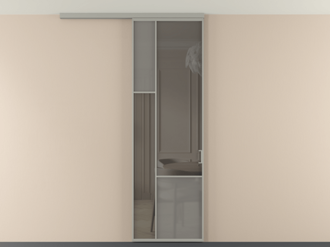 Перегородка Мозаик вдоль стены на потолок 1 створка АЛПР 041.13 Алюминий нейтральный серый Сатинированное серое стекло, триплекс, 6 мм + Прозрачное серое стекло, триплекс Цена 7040 AZE | Volhovec