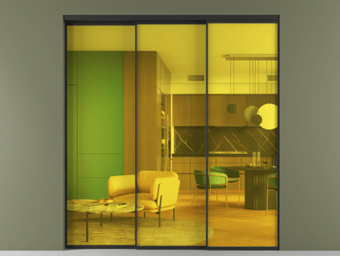 Перегородка Formato внутри проёма 3 створки с синхронным механизмом АЛПР 040.01 Алюминий Черный Прозрачное жёлтое стекло, триплекс Цена 16500 AZE  | Volhovec