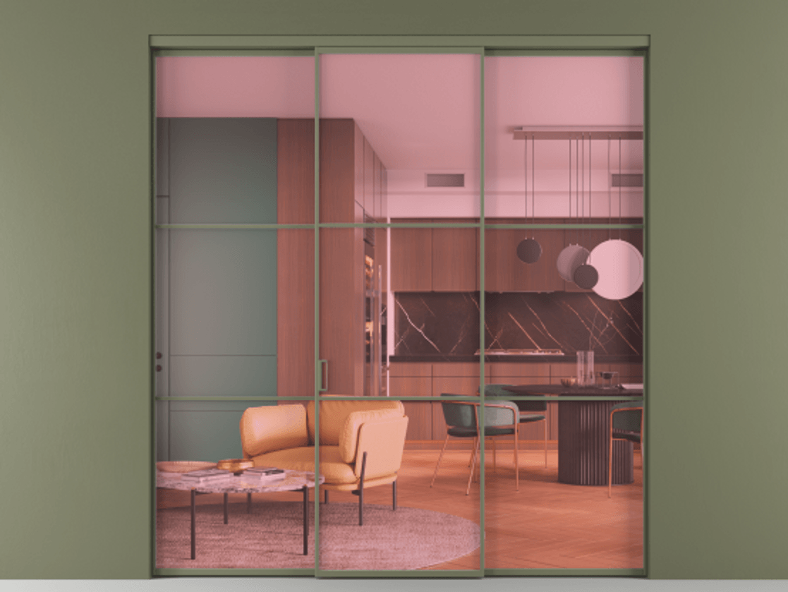 Перегородка Формато внутри проёма 3 створки АЛПР 040.03 Алюминий оливковый тёмный Прозрачное розовое стекло, триплекс Цена 13000 AZE | Volhovec