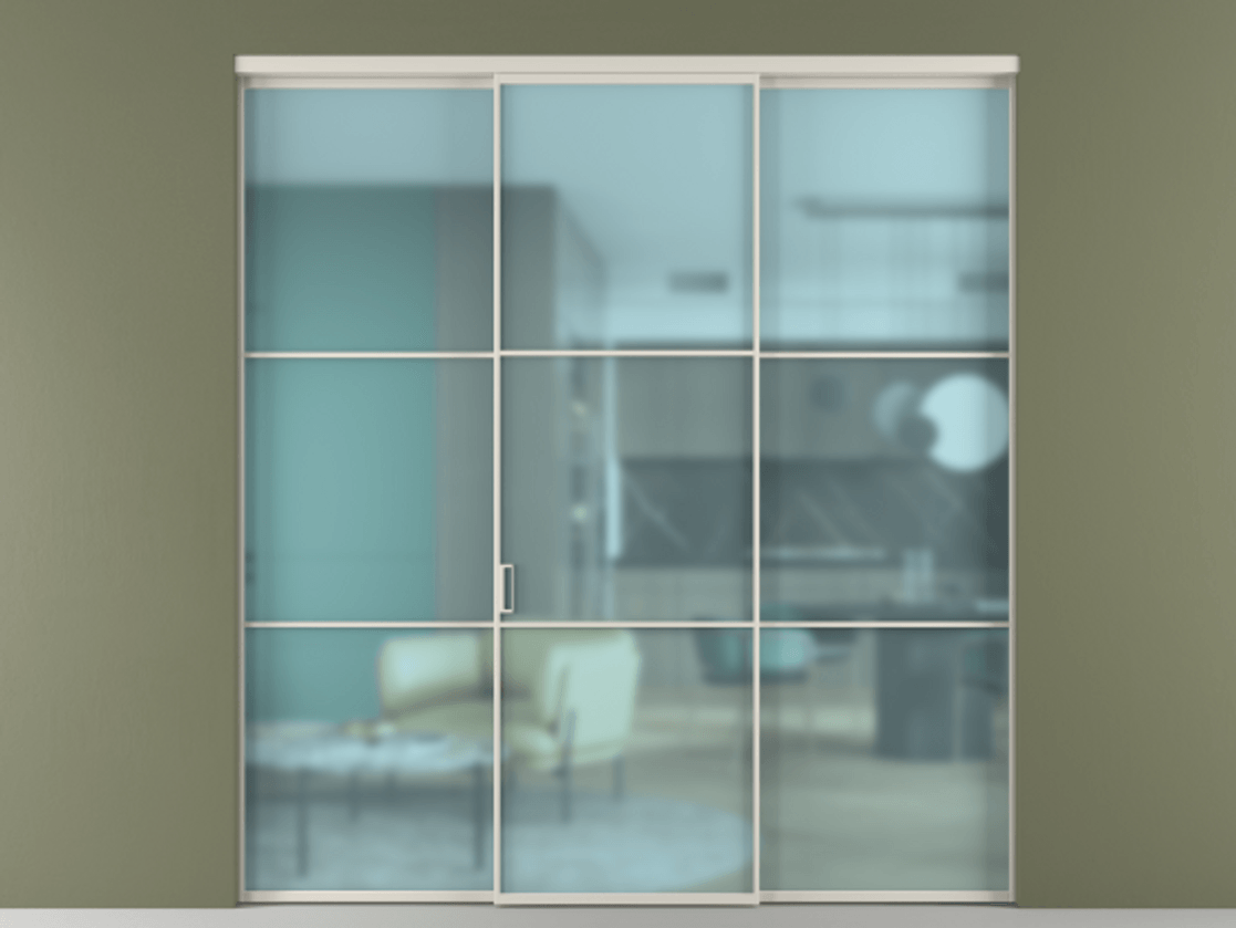 Перегородка Formato внутри проёма 3 створки АЛПР 040.03 Алюминий облачно-серый Сатинированное голубое стекло, триплекс Цена 12400 AZE | Volhovec