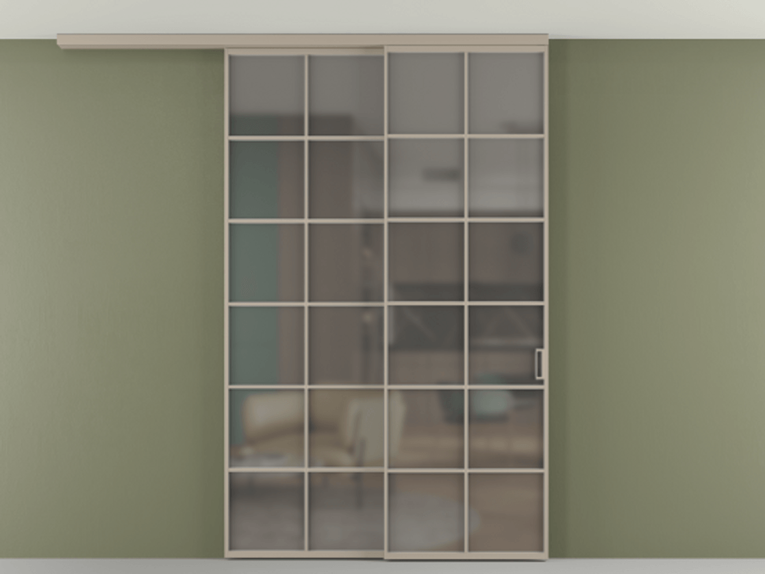 Перегородка Формато вдоль стены на потолок 2 створки с синхронным механизмом АЛПР 040.05 Алюминий бисквитный Сатинированное серое стекло, триплекс Цена 15210 AZE | Volhovec