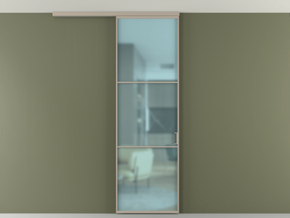 Перегородка Формато вдоль стены на потолок 1 створка АЛПР 040.03 Алюминий бисквитный Сатинированное голубое стекло, триплекс Цена 5300 AZE | Volhovec