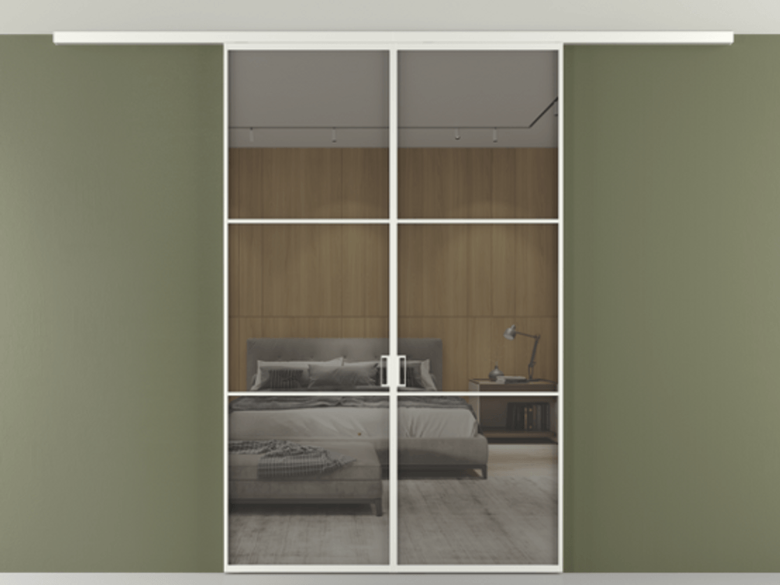 Перегородка Формато вдоль стены на потолок 2 створки АЛПР 040.03 Алюминий светло-серый Рефлективное серое стекло "Стопсол", калёное Цена 12710 AZE | Volhovec