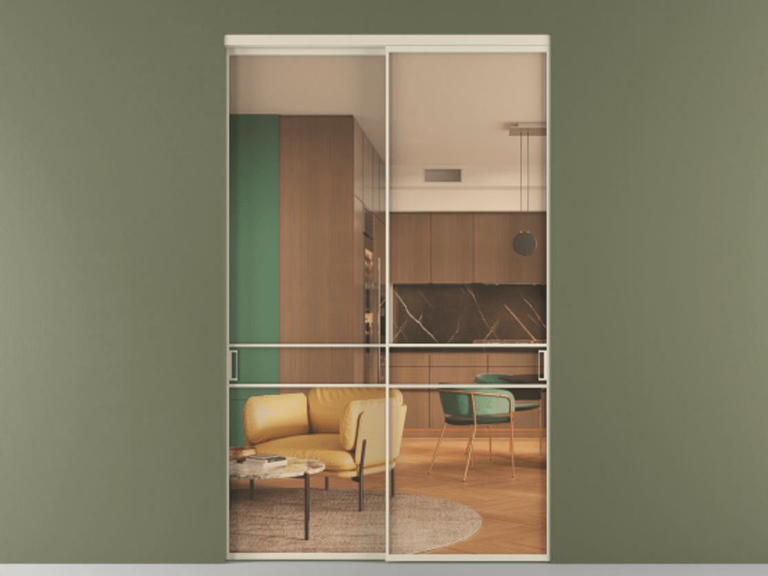 Перегородка Формато внутри проёма 2 створки АЛПР 040.02 Алюминий бежево-серый Прозрачное оранжевое стекло, триплекс Цена 22500 AZE  | Volhovec