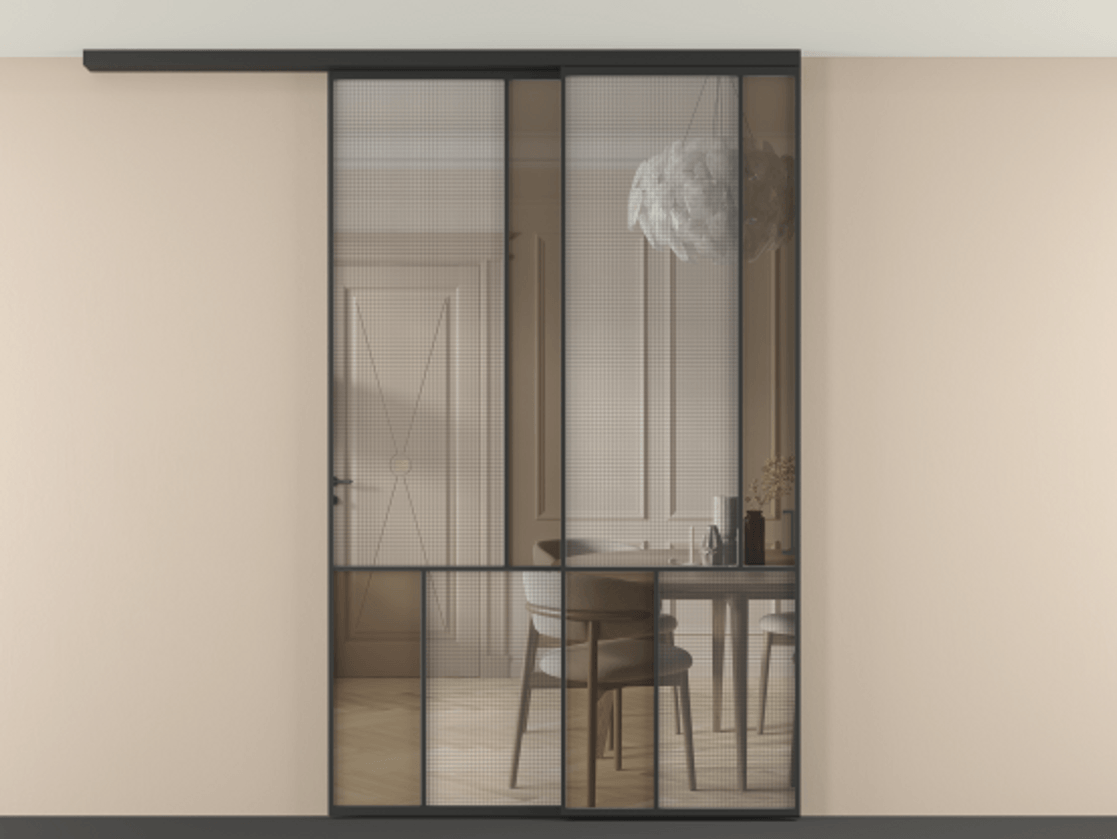 Перегородка Mosaic вдоль стены на потолок телескопик синхро 2 АЛПР 041.21 Алюминий Черный Декоративное стекло с сеткой "Mesh silver", триплекс, 6 мм + Прозрачное бронзовое стекло, триплекс, 6 мм Цена 16830 AZE | Volhovec