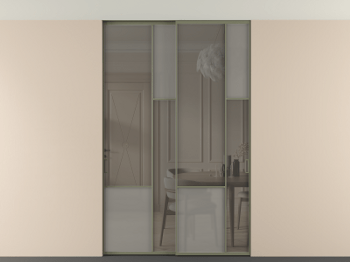 Перегородка Мозаик внутри проёма скрытое крепление в потолок 2 створки АЛПР 041.12 Алюминий оливковый тёмный Сатинированное серое стекло, триплекс, 6 мм + Прозрачное серое стекло, триплекс Цена 16920 AZE | Volhovec