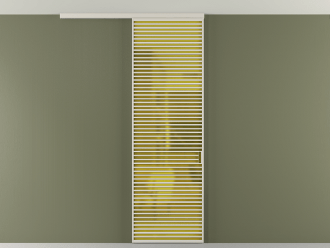 Перегородка Формато вдоль стены на потолок 1 створка АЛПР 040.07 Алюминий облачно-серый Сатинированное жёлтое стекло, триплекс Цена 9300 AZE | Volhovec