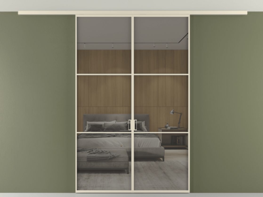 Перегородка Формато вдоль стены на потолок 2 створки АЛПР 040.03 Алюминий бежево-серый Рефлективное серое стекло "Стопсол", калёное Цена 12710 AZE | Volhovec