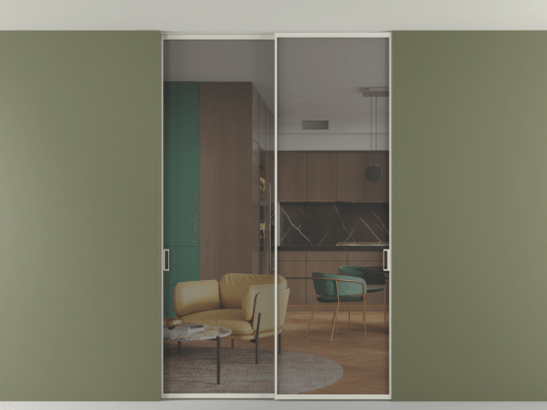 Перегородка Formato внутри проёма скрытое крепление в потолок 2 створки АЛПР 040.01 Алюминий тёплый серый Прозрачное серое стекло, триплекс Цена 12470 AZE | Volhovec