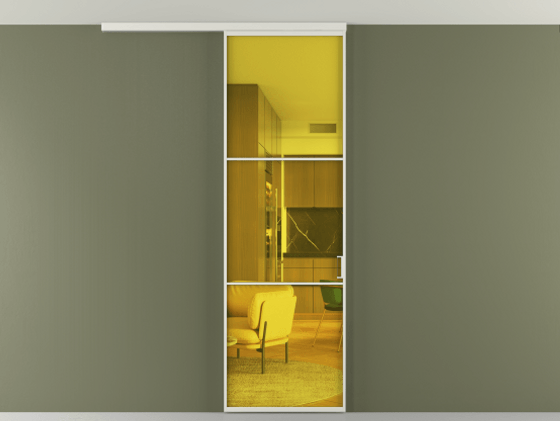 Перегородка Формато вдоль стены на потолок 1 створка АЛПР 040.03 Алюминий серый Прозрачное жёлтое стекло, триплекс Цена 5000 AZE | Volhovec