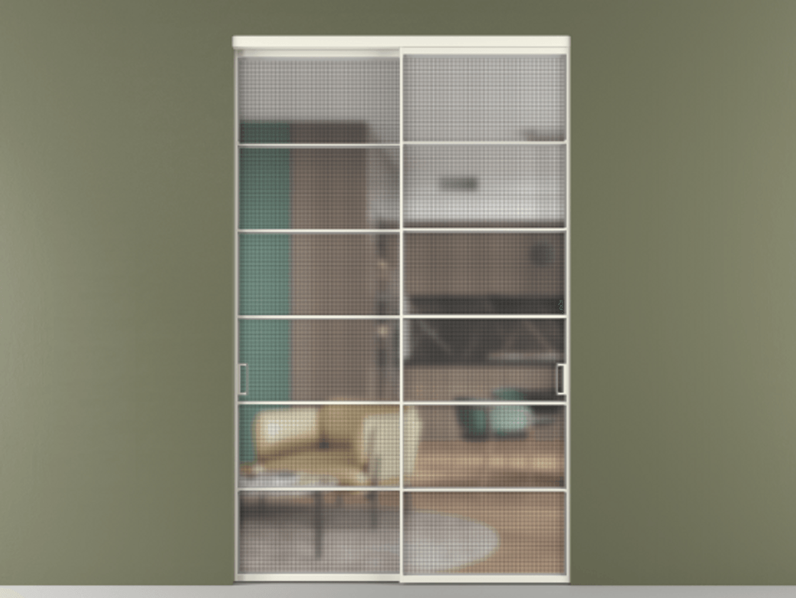 Перегородка Formato внутри проёма 2 створки АЛПР 040.04 Алюминий жемчужный Декоративное стекло с сеткой "Mesh silver", триплекс Цена 23850 AZE  | Volhovec