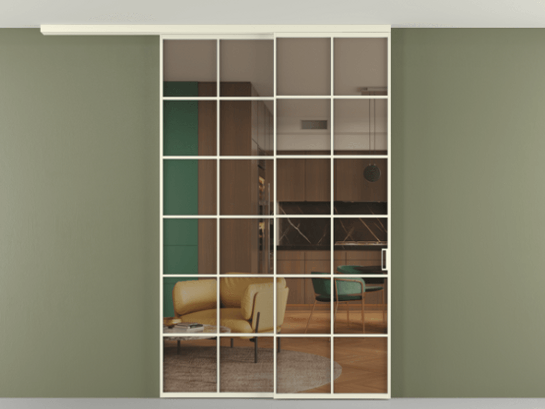 Перегородка Формато вдоль стены на потолок 2 створки с синхронным механизмом АЛПР 040.05 Алюминий молочно-белый Прозрачное бронзовое стекло, триплекс Цена 15210 AZE | Volhovec