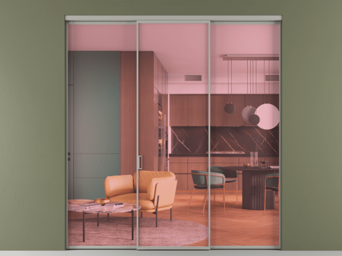 Перегородка Formato внутри проёма 3 створки АЛПР 040.01 Алюминий нейтральный серый Прозрачное розовое стекло, триплекс Цена 1518200 AMD | Volhovec