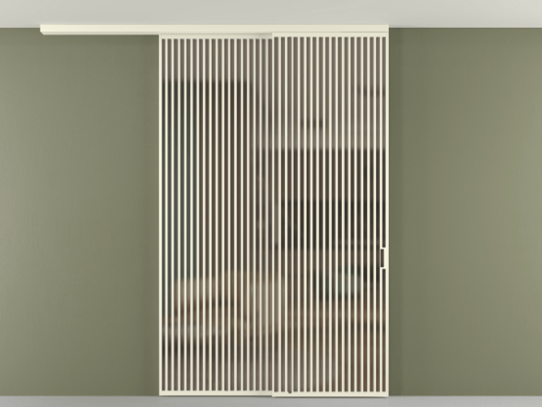 Перегородка Формато вдоль стены на потолок 2 створки с синхронным механизмом АЛПР 040.06 Алюминий молочно-белый Сатинированное бронзовое стекло, триплекс Цена 23480 AZE | Volhovec