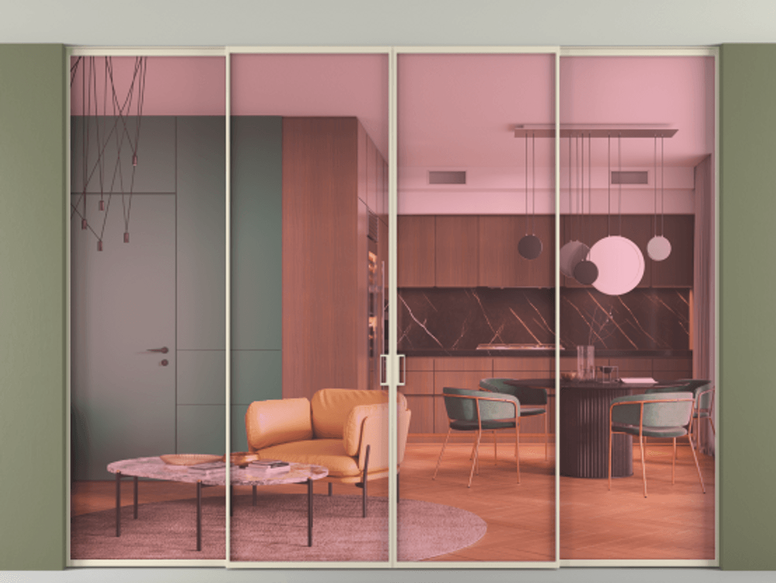 Перегородка Formato внутри проёма скрытое крепление в потолок 4 створки АЛПР 040.01 Алюминий бежево-серый Прозрачное розовое стекло, триплекс Цена 26000 AZE | Volhovec