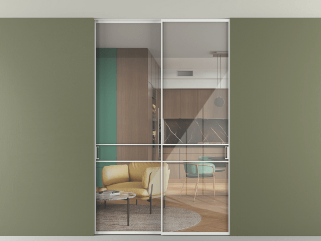 Перегородка Формато внутри проёма скрытое крепление в потолок 2 створки АЛПР 040.02 Алюминий белоснежный Рефлективное прозрачное стекло "Стопсол", калёное Цена 305520 ₽ | Volhovec