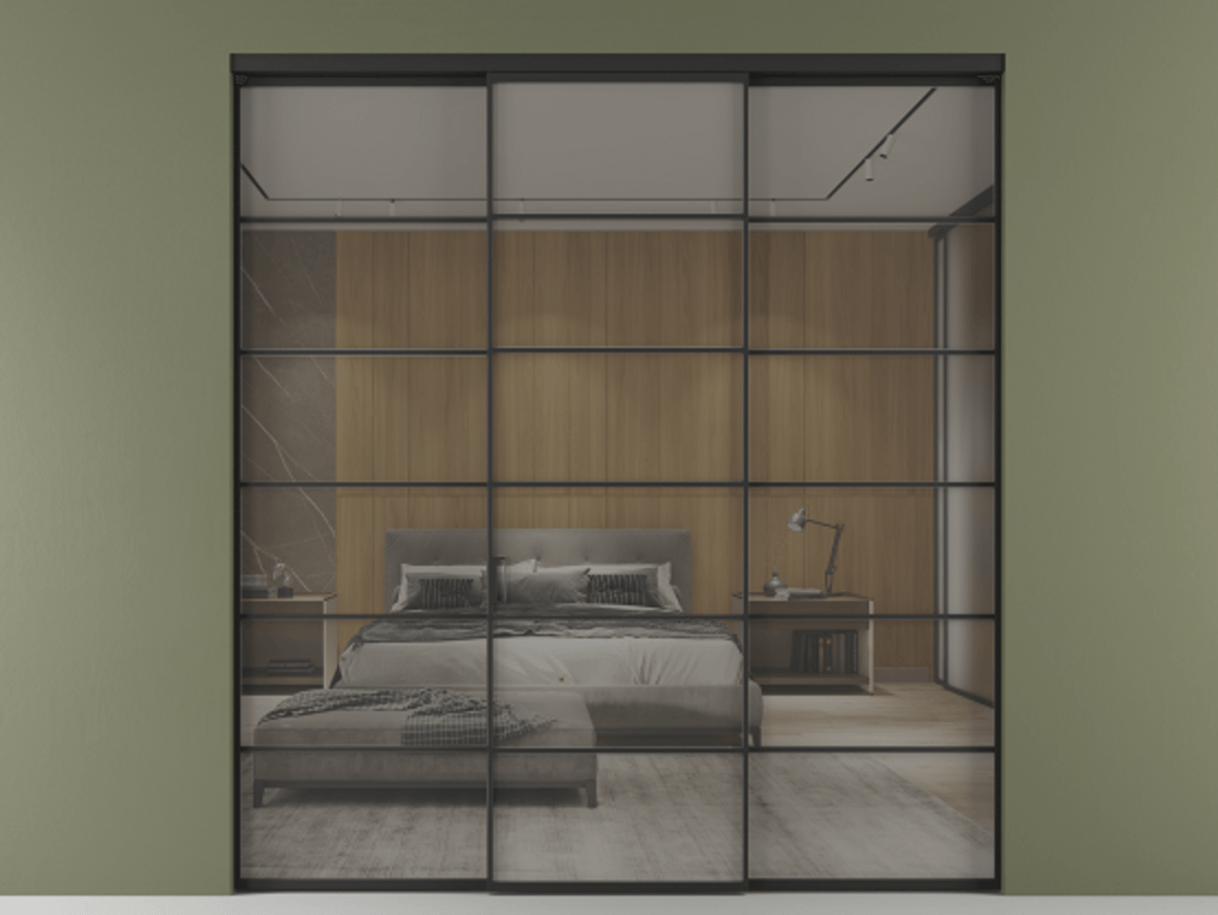 Перегородка Formato внутри проёма 3 створки АЛПР 040.04 Алюминий Черный Рефлективное серое стекло "Stopsol", калёное Цена 17090 AZE | Volhovec