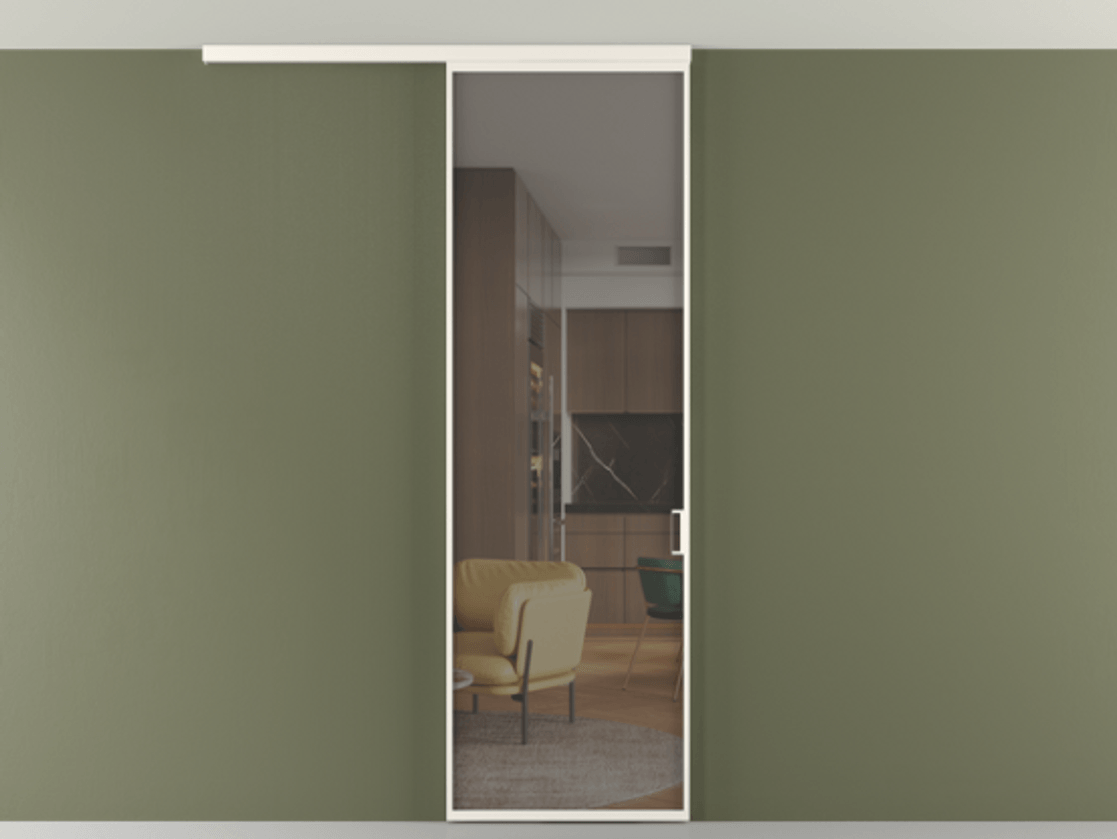 Перегородка Формато вдоль стены на потолок 1 створка АЛПР 040.01 Алюминий пудровый белый Прозрачное серое стекло, триплекс Цена 4820 AZE | Volhovec