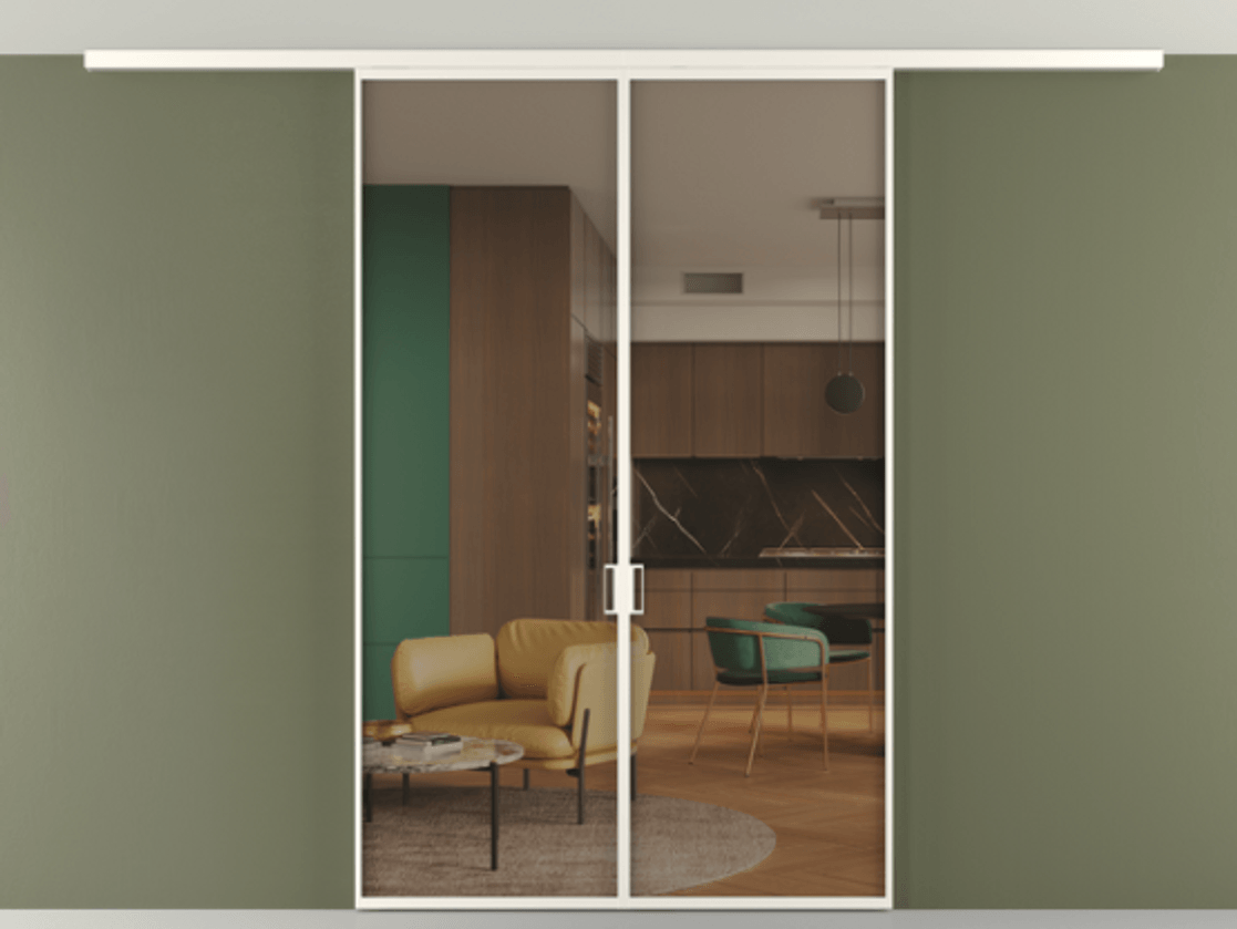 Перегородка Формато вдоль стены на потолок 2 створки АЛПР 040.01 Алюминий пудровый белый Прозрачное бронзовое стекло, триплекс Цена 11260 AZE | Volhovec